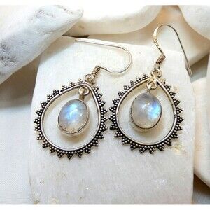 Sterling Silver Rainbow Moonstone Bali Style Dangle Earrings  Exotic Handmade